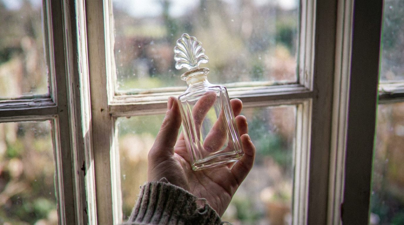 Hand holding a clear glass perfume bottle up to an old window, with faint red and cyan color fringing along the high-contrast edges