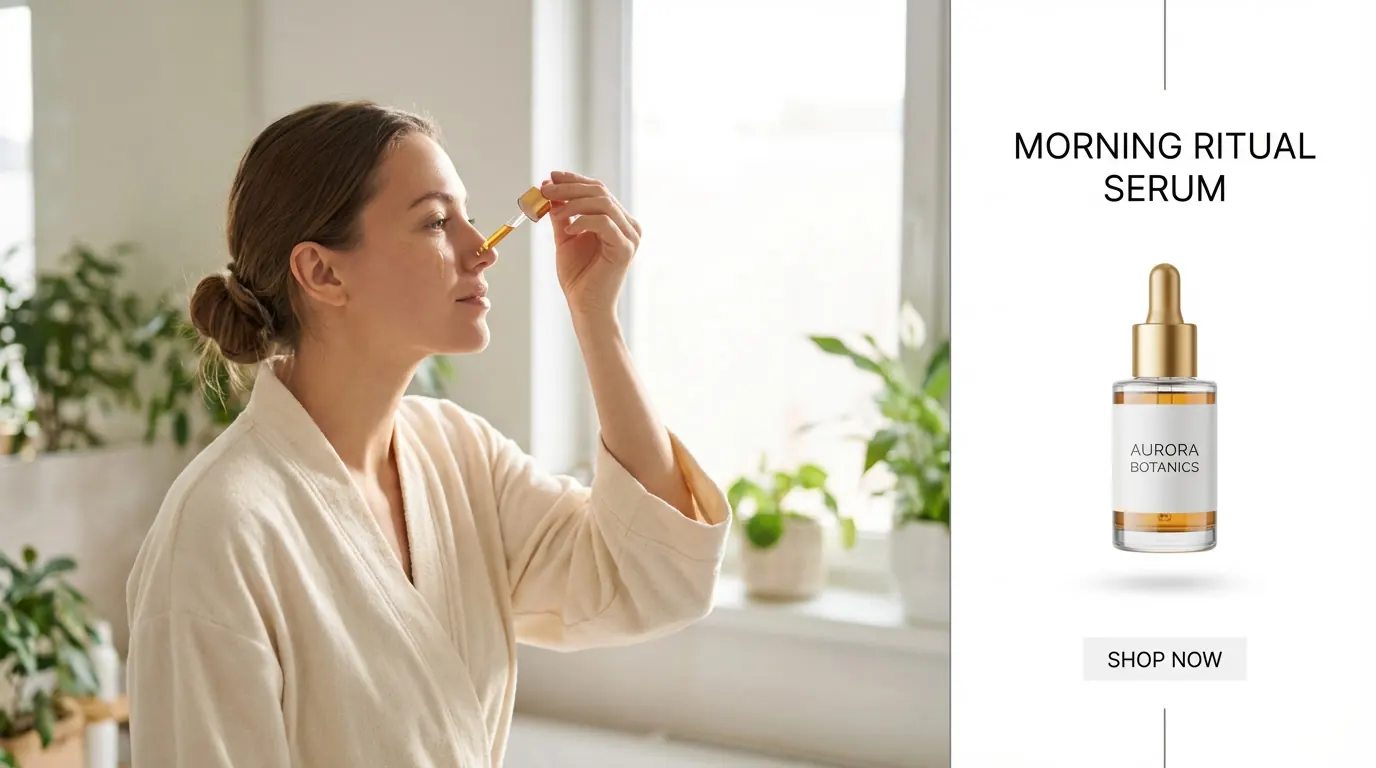 70/30 skincare ad: lifestyle shot of a woman applying serum on the left, white product panel with headline and shop now button on the right