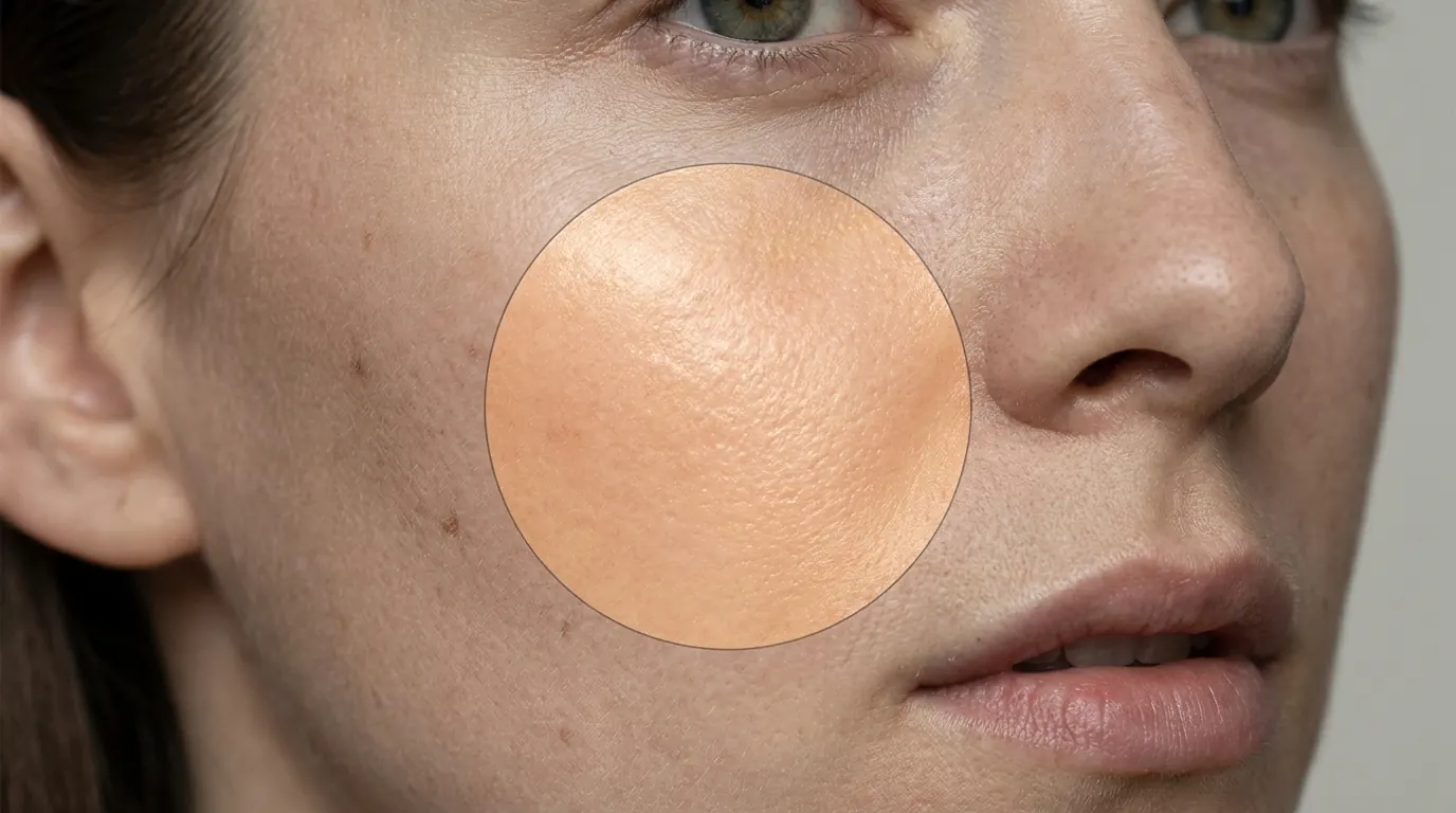 Close-up face with a circular cutout revealing smoother, treated skin inside the circle
