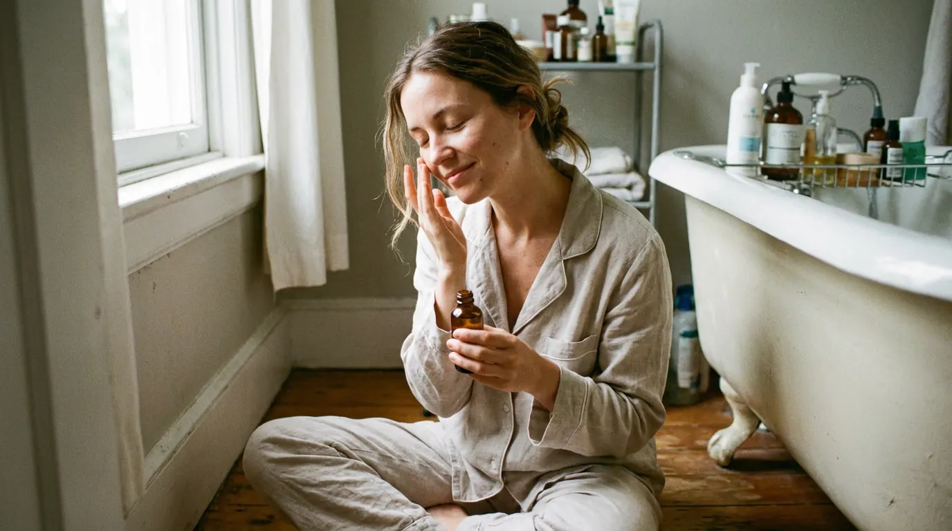 Woman in linen pyjamas sitting cross-legged on a bathroom floor applying cream to her cheek with eyes closed
