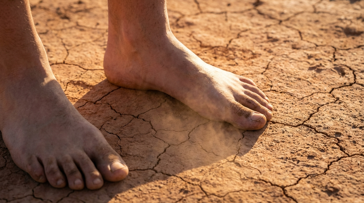 Bare feet standing on dry cracked orange earth in raking sunlight with fine dust around the toes