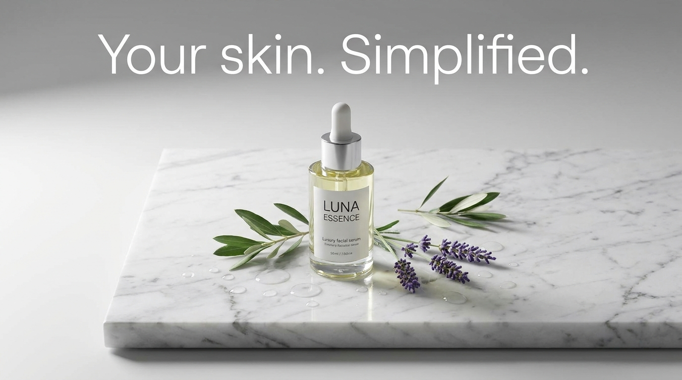 Minimal serum ad with the headline 'Your skin. Simplified.' rendered exactly as quoted above a bottle on marble