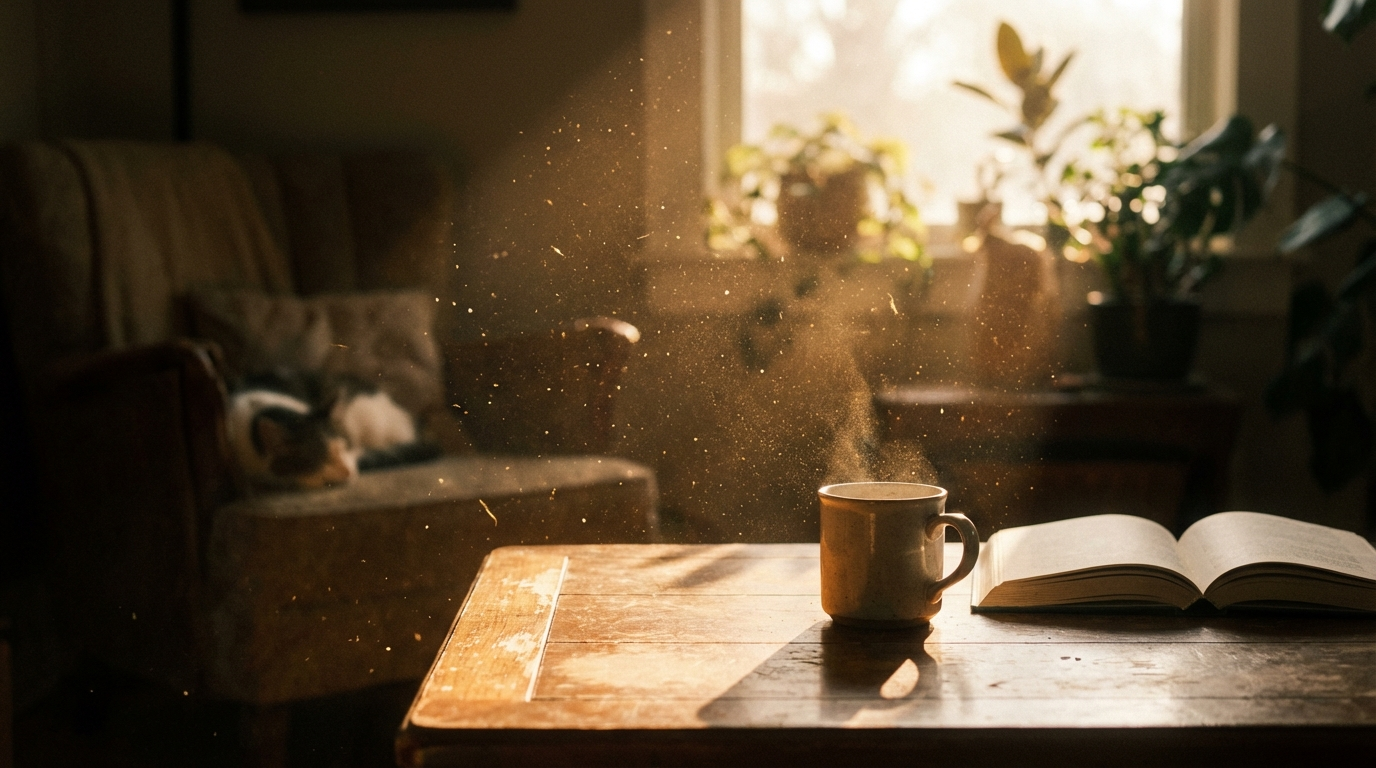 Sunlit living room with dust motes floating in a shaft of window light above a wooden table holding a steaming mug and an open book