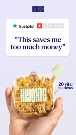 Testimonial ad with a Trustpilot-style review card above a hand holding a supplement bottle, with a pointer line