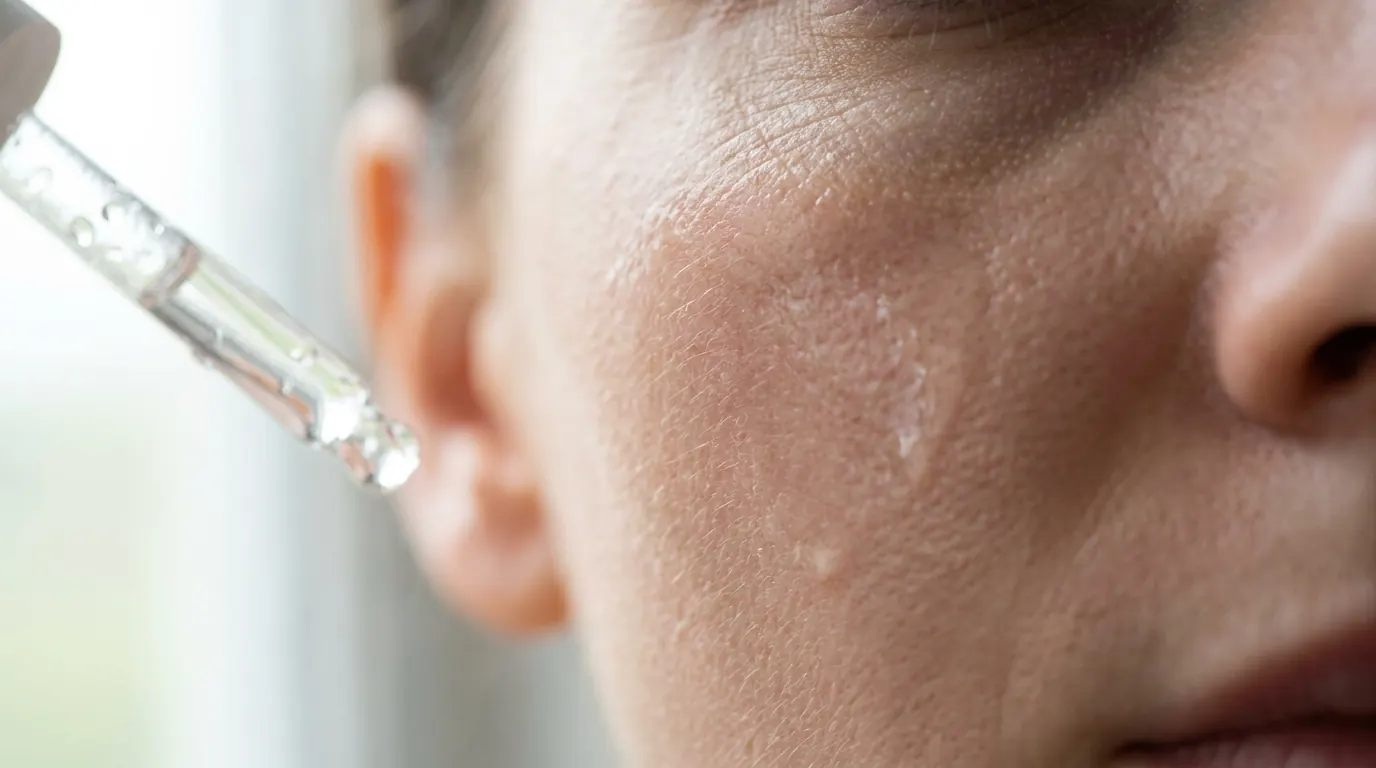 Macro photograph of a woman's cheek with visible pores and peach fuzz as a serum dropper approaches