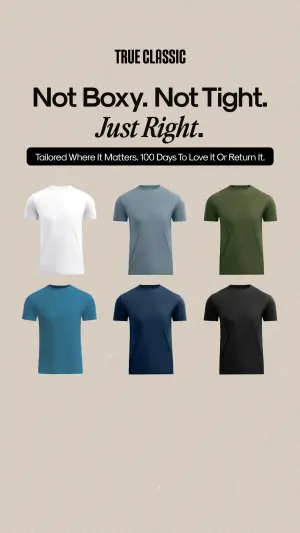 True Classic ad with six blank t-shirts in different colors floating in a grid on a beige background
