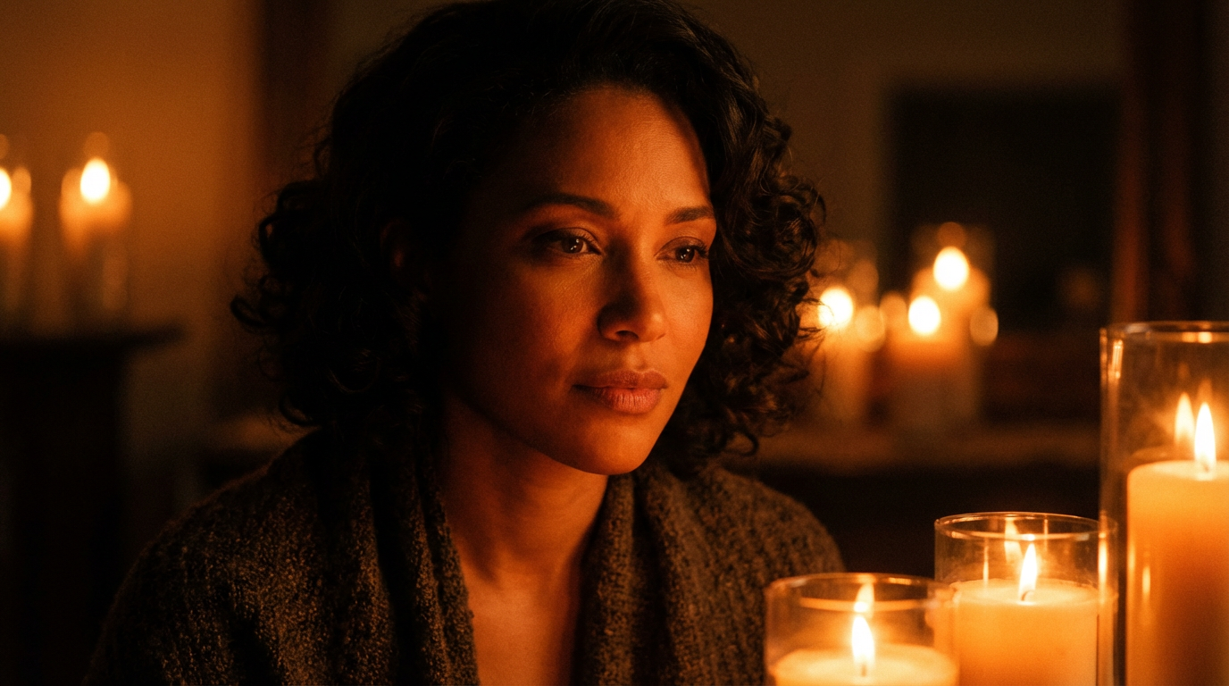 Woman lit by a cluster of candles, warm uneven glow across her face with a dark room behind