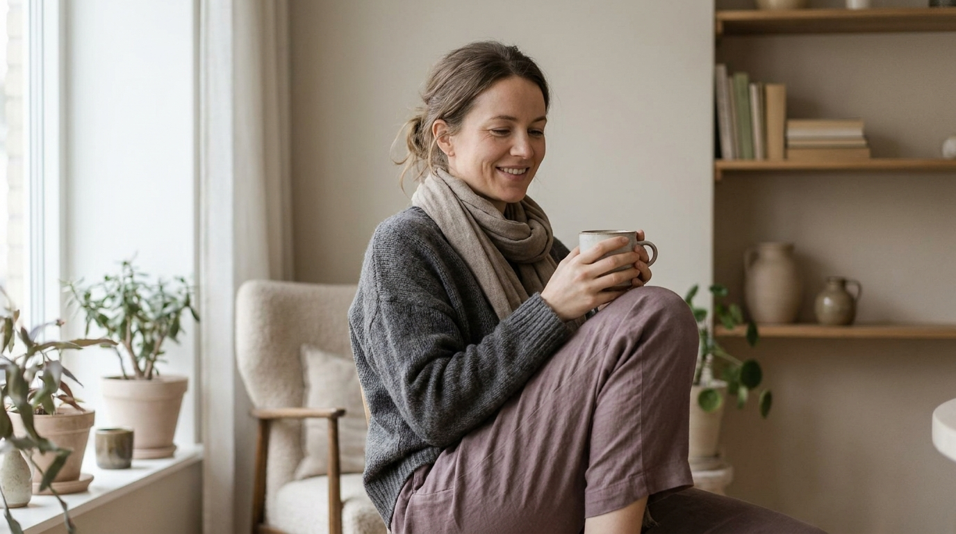 Woman holding a mug in a calm interior where greens are grey-green and warm tones are softened, nothing fully vivid