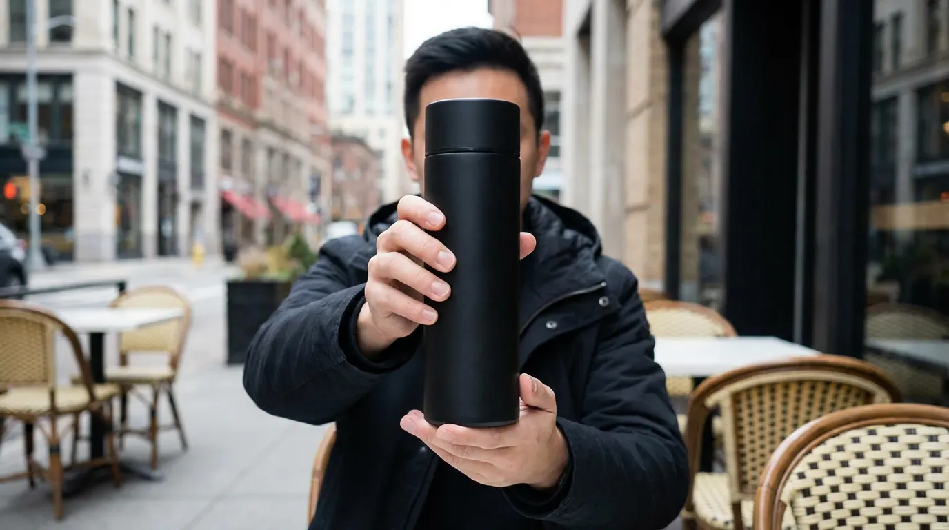 Man on a city sidewalk holding a matte-black thermos straight out toward a camera at eye level