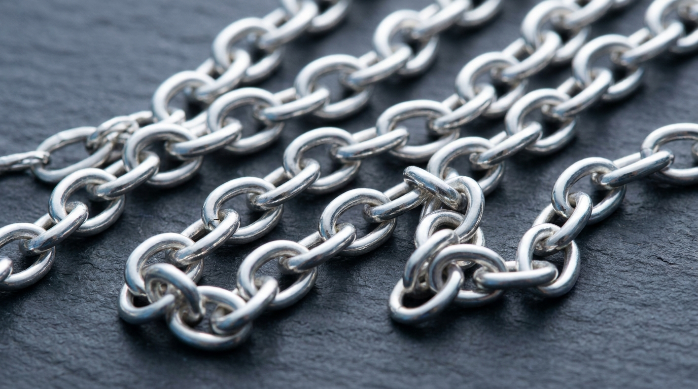 Sterling silver chain links on dark slate, each link catching light at a different angle with pure white highlights and cool grey shadows