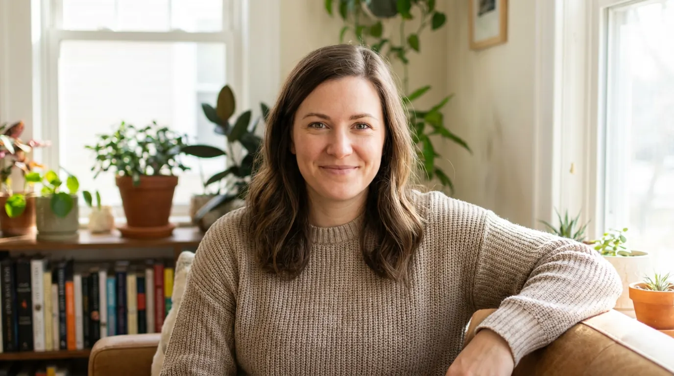 AI portrait of a woman making calm, relaxed eye contact with the camera in a bright living room