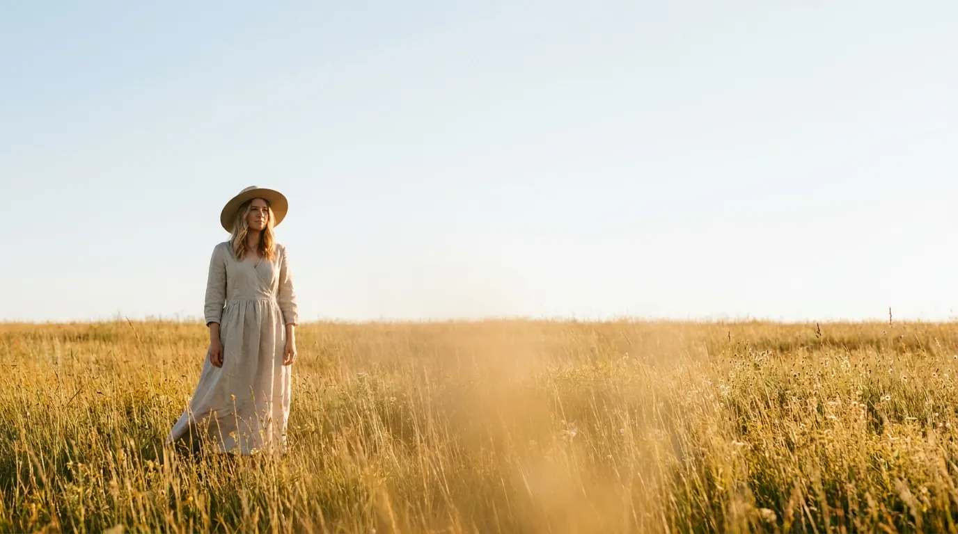 Full bleed lifestyle photo of a woman in a golden field with open sky as a text zone