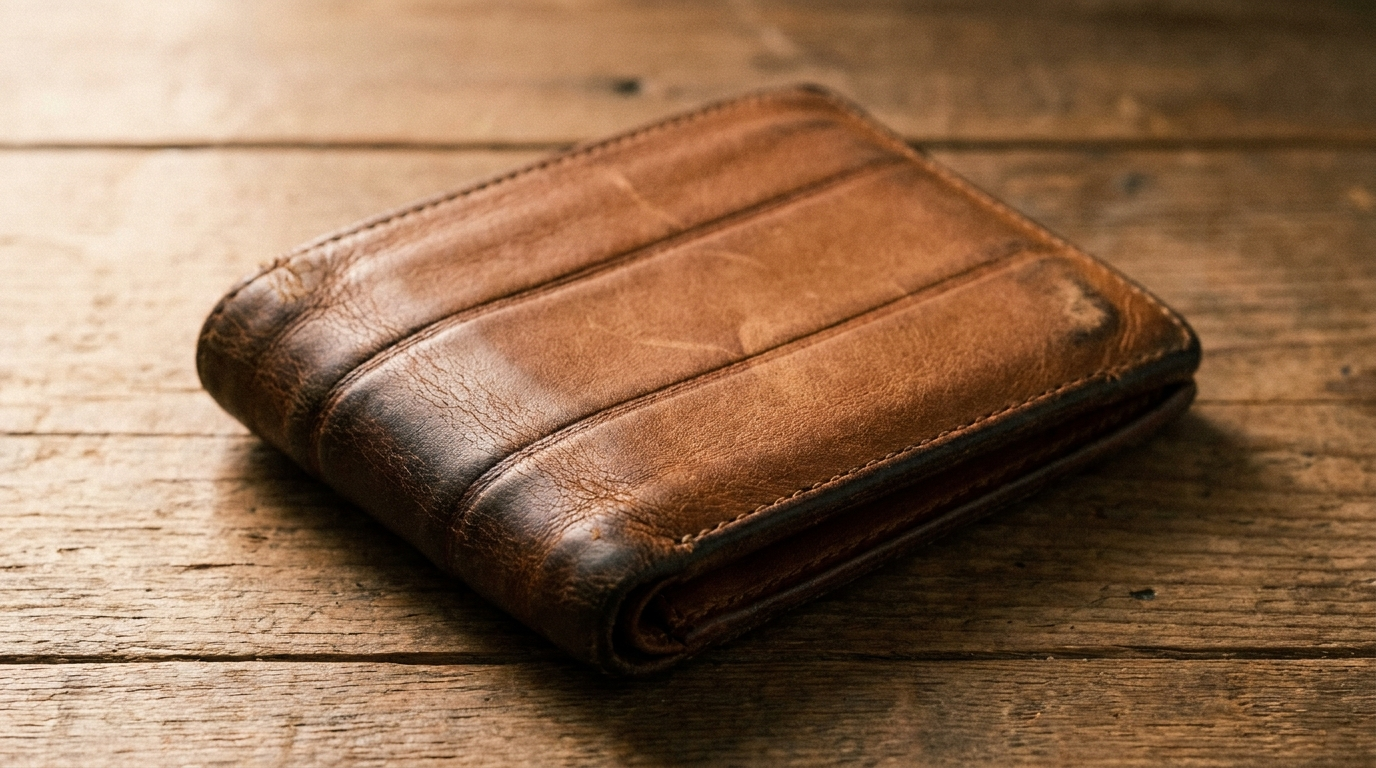 Worn brown leather bifold wallet on a rustic wooden table with darkened fold creases and scuffed, rounded corners