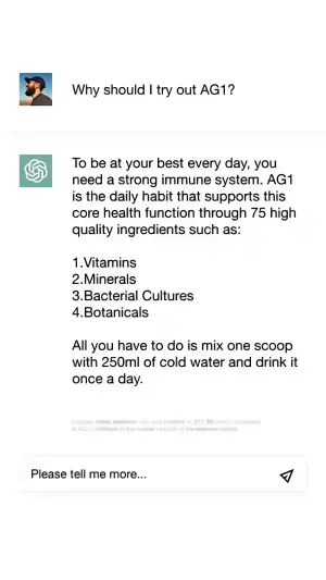 search bar ad mimicking a ChatGPT answer recommending a supplement brand