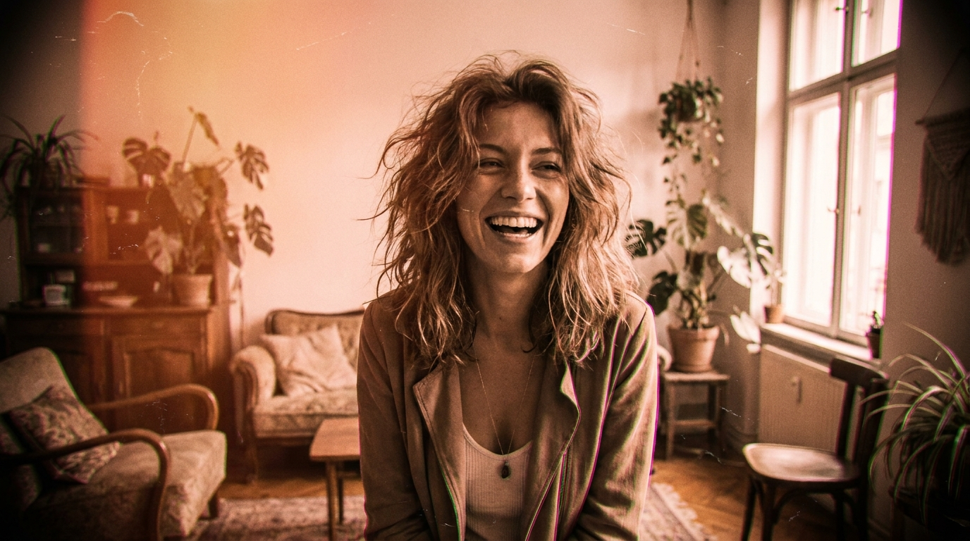 Woman laughing indoors in warm grainy light with an orange-magenta color shift, heavier degraded grain and a light leak across the frame