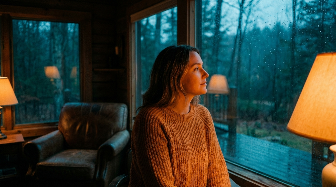 Woman in an amber sweater looking out a rainy cabin window, with teal-blue shadows outside and warm lamp-lit skin tones inside