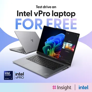 Two silver Intel vPro laptops on a light purple background under the headline 'Test drive an Intel vPro laptop FOR FREE'