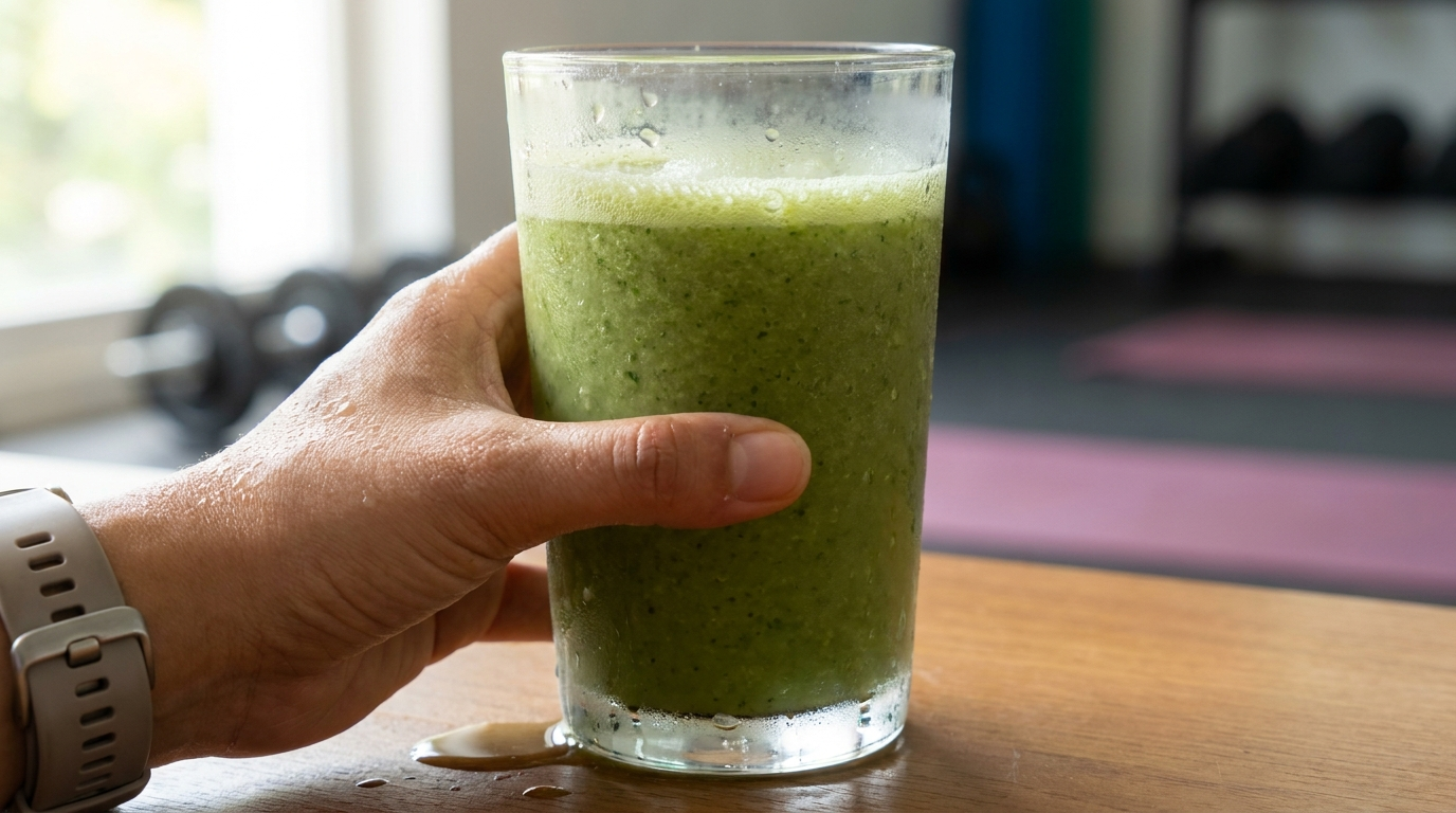 Hand holding a cold glass of green smoothie in a gym, condensation on the glass and sweat on the wrist