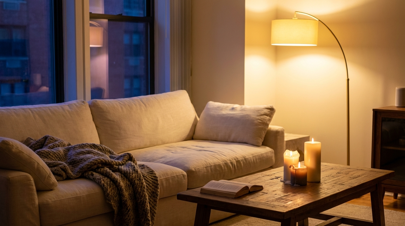 Warmly lit living room at night with a chunky knit throw over the sofa, candles and an open book on a wooden coffee table