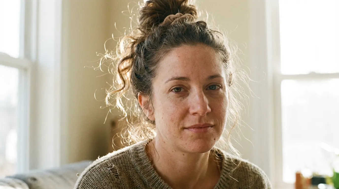 AI portrait combining a loose messy bun, flyaway strands and light hairline frizz in window light