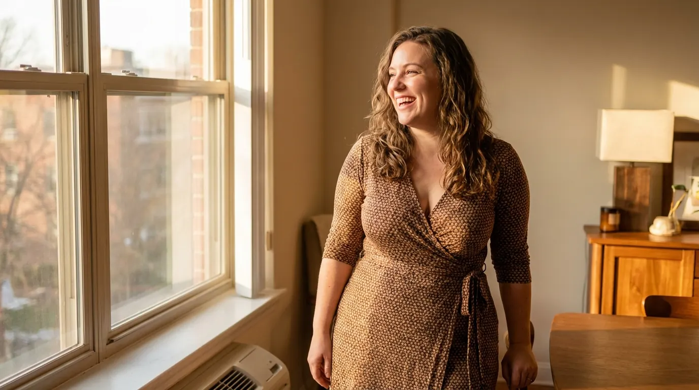 Curvy woman in a patterned wrap dress laughing by a sunlit window