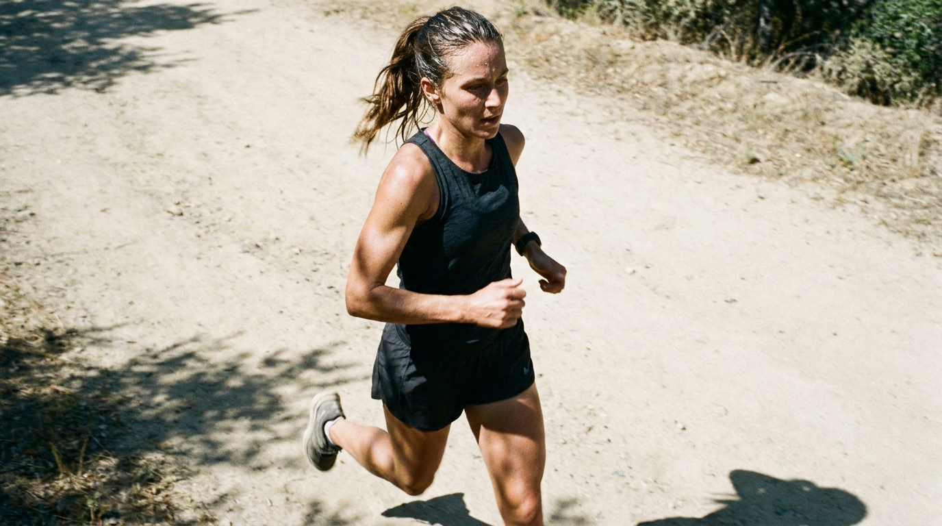 Runner mid-stride on a sunlit dirt trail with a wet hairline, sweat on her arms and a hard shadow cast beside her