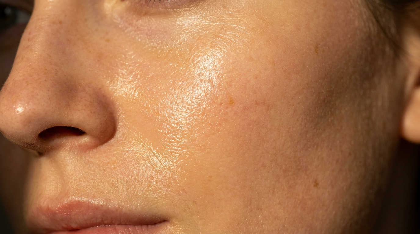 Macro close-up of a cheek with a luminous oiled zone catching warm light beside matte skin