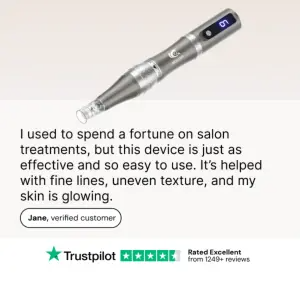Testimonial ad with a large paragraph quote under a floating skincare device and a Trustpilot rating footer
