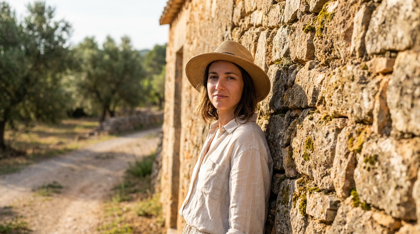 Woman in a straw hat and linen shirt leaning against a rough moss-flecked stone wall beside an olive grove