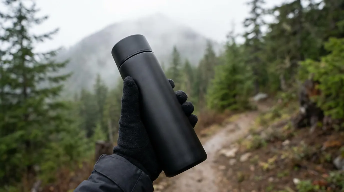 First-person view of a gloved hand holding a matte-black thermos up on a misty mountain trail