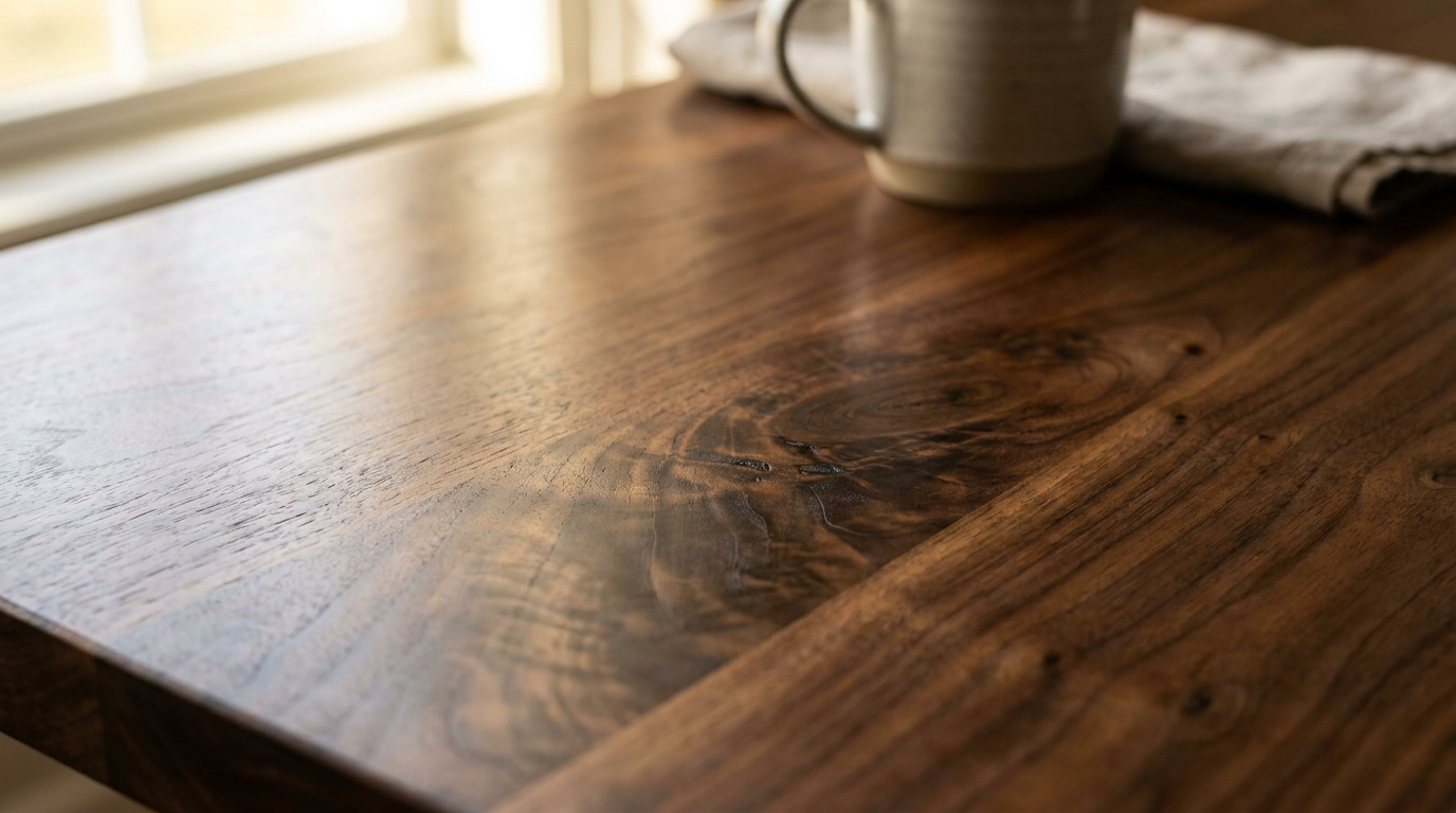 Oiled walnut tabletop with deepened grain and a soft warm sheen catching window light, a ceramic mug in the background