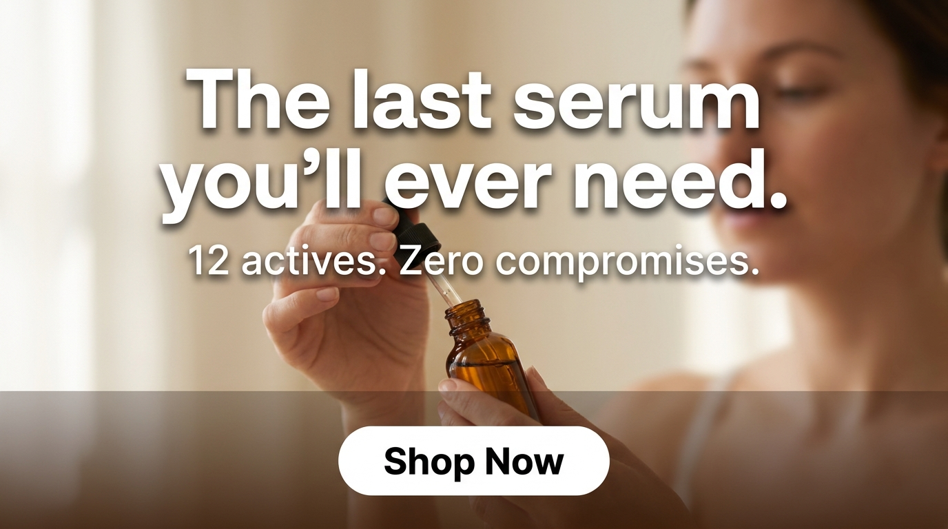 Serum ad with a bold white headline, subhead and white Shop Now pill reading cleanly over a soft-blurred interior scene with a gradient band at the base