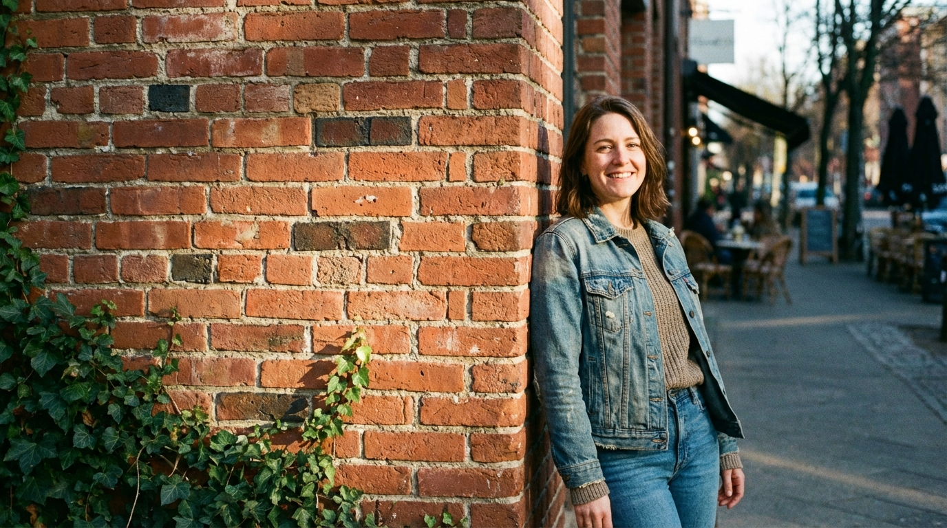 Smiling woman in a denim jacket leaning on a weathered red brick corner with ivy growing up the wall