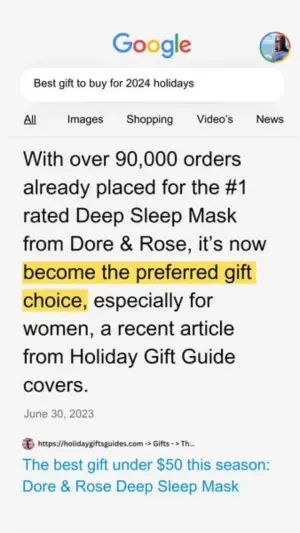 search bar ad mimicking a Google results page with a highlighted snippet