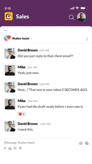 social media mockup ad recreating a Slack sales channel thread where a manager asks how a reply went out so fast