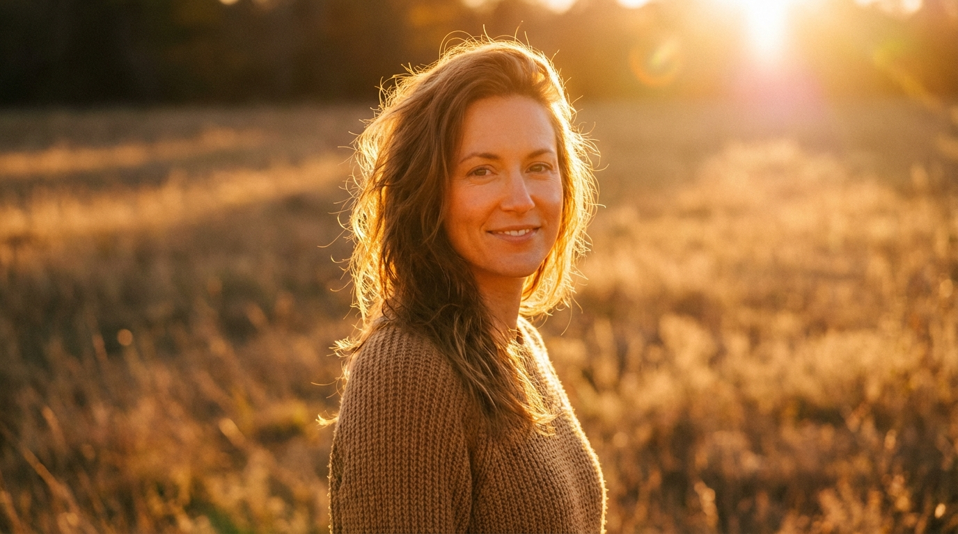 Woman in a knit sweater rim-lit by low golden sunlight in a dry field at sunset