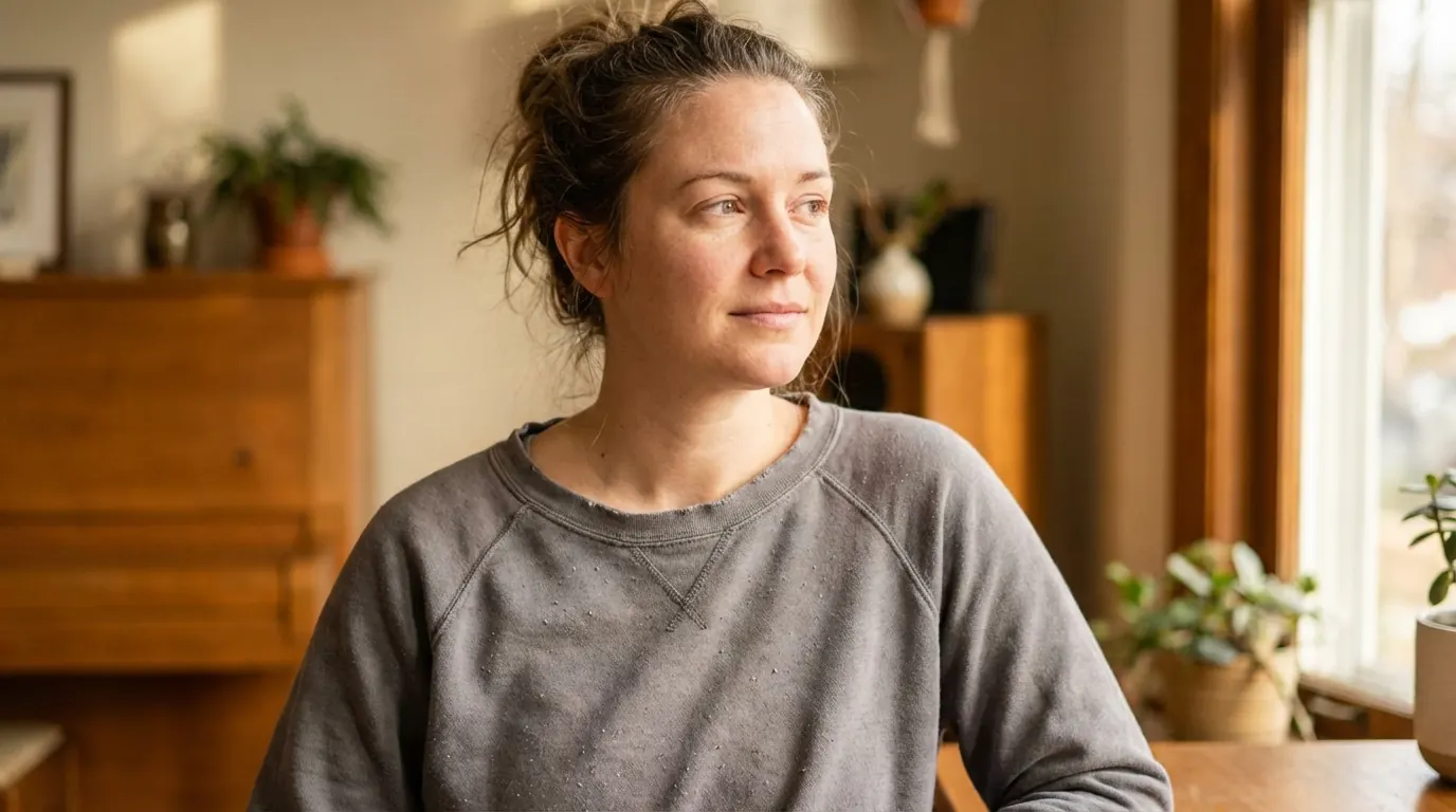 Woman in a faded grey sweatshirt with visible pilling and a softened collar