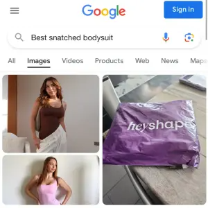 search bar ad mimicking Google Images results mixing model shots and an unboxing photo