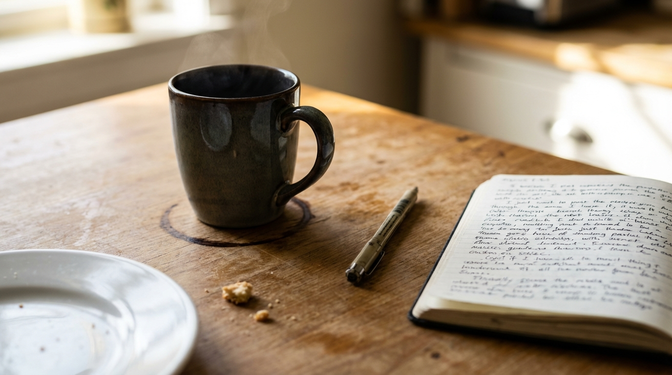 Wooden table with a dark steaming mug beside a faint coffee ring, a pen laid down next to a handwritten notebook and crumbs by a plate