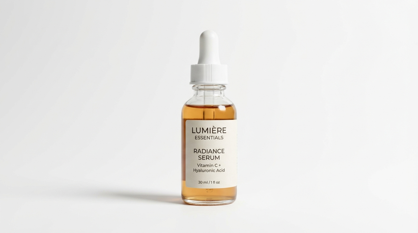 Amber serum bottle isolated on a white background with a soft shadow anchoring it to the surface
