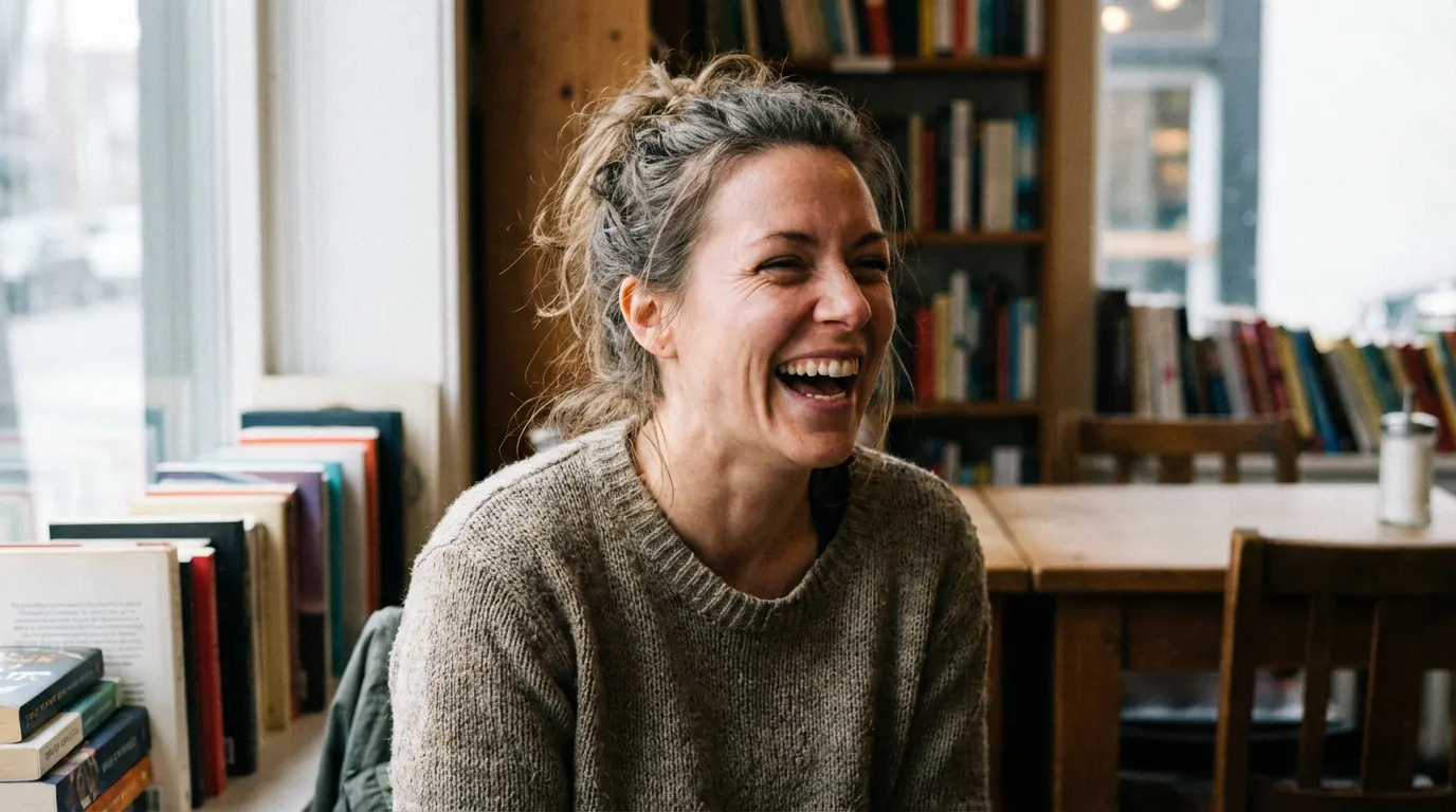 AI portrait of a woman caught mid-laugh with her mouth open and eyes partly closed