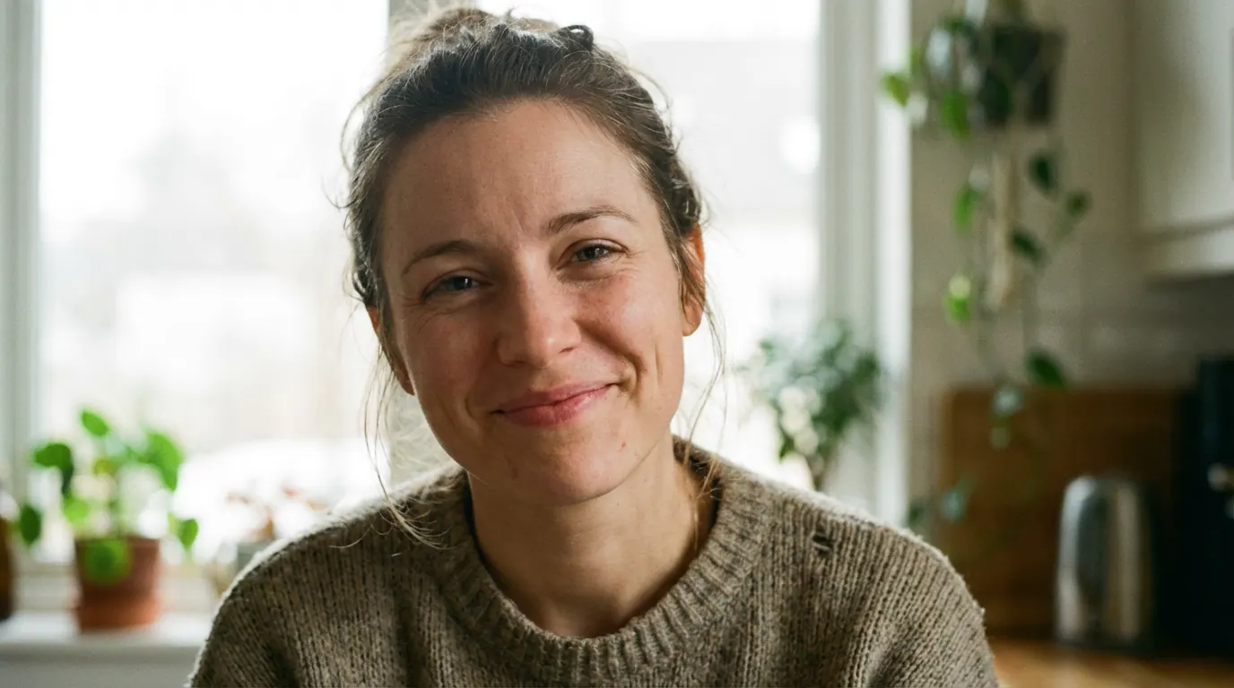 AI portrait of a woman with a slightly asymmetric natural smile and crinkling eyes