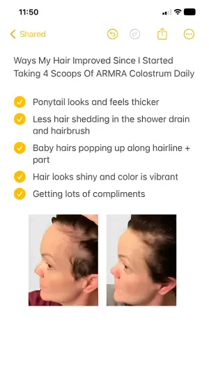 notes app ad listing hair improvements with yellow checkmarks above a before and after photo pair
