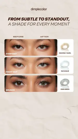 Three stacked before-and-after eye close-ups showing hazel, blue and green colored contact lens shades with labels
