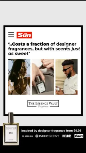 Editorial-style perfume ad with a framed article, quote headline, photo triptych and an as-seen-on logo banner
