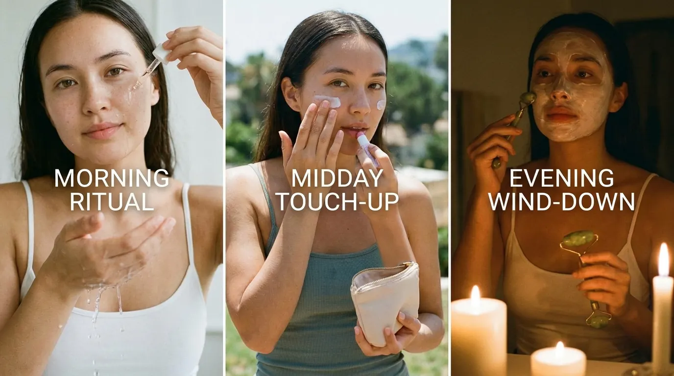 Three-panel skincare routine strip labelled morning ritual, midday touch-up and evening wind-down