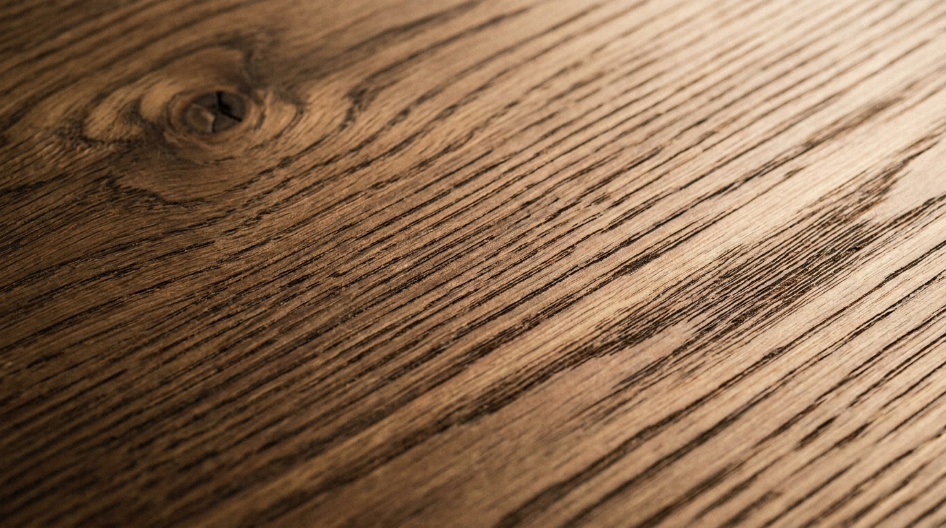 Macro view of oak timber with diagonal grain lines bending around a dark knot and tonal variation between growth rings