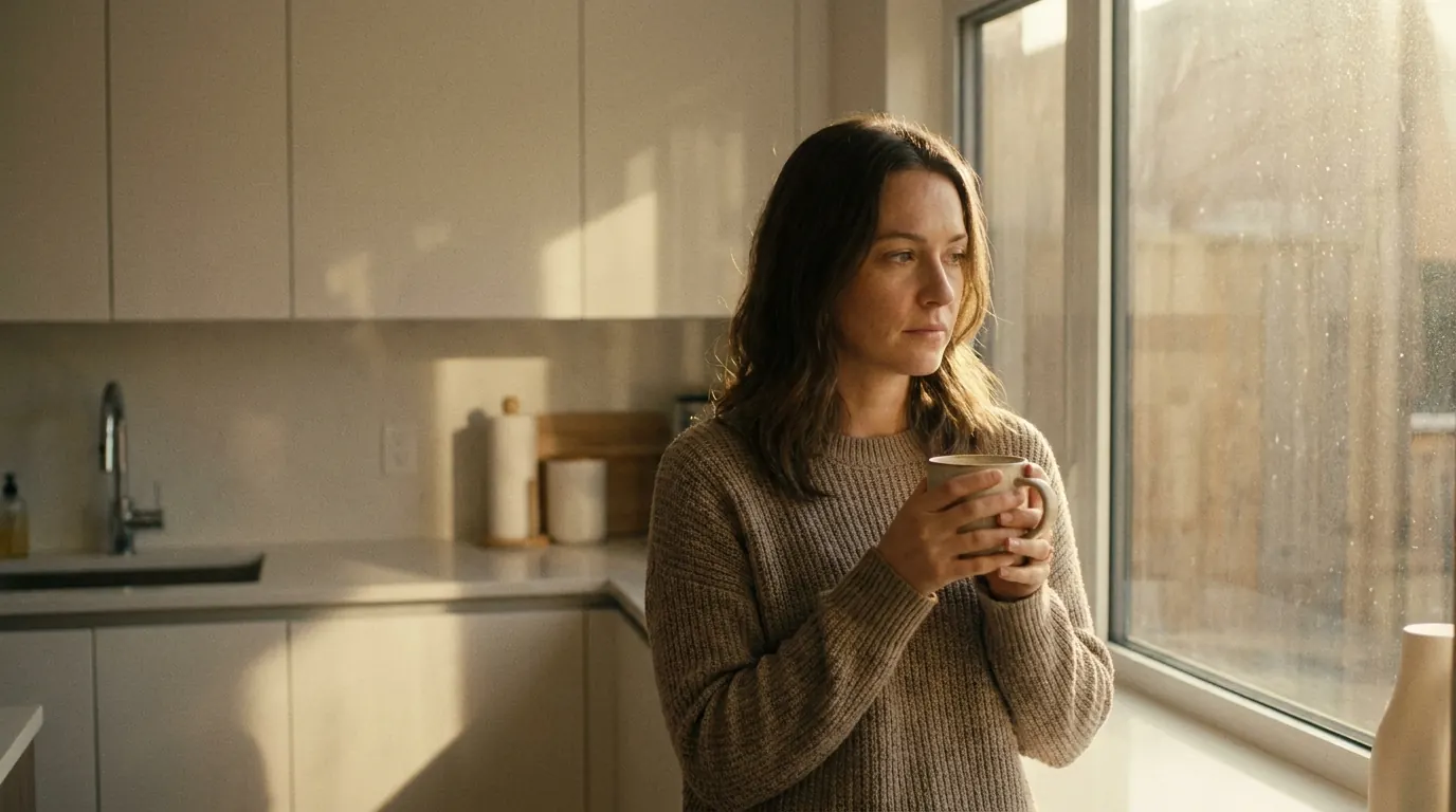 Film still of a woman holding a mug by a window in a minimal kitchen with golden hour light