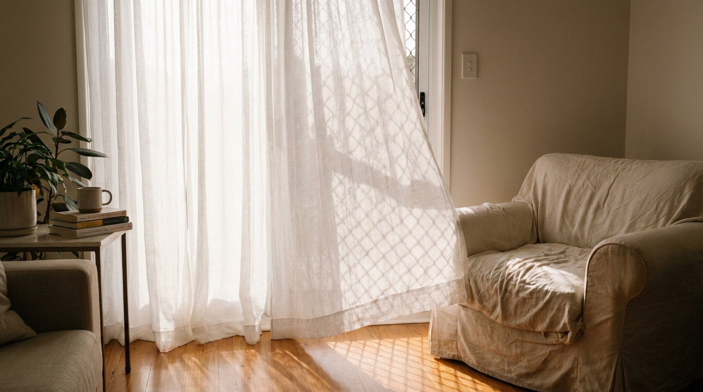 Sheer white linen curtains lifting in the breeze at a sunlit window beside a linen armchair and a plant