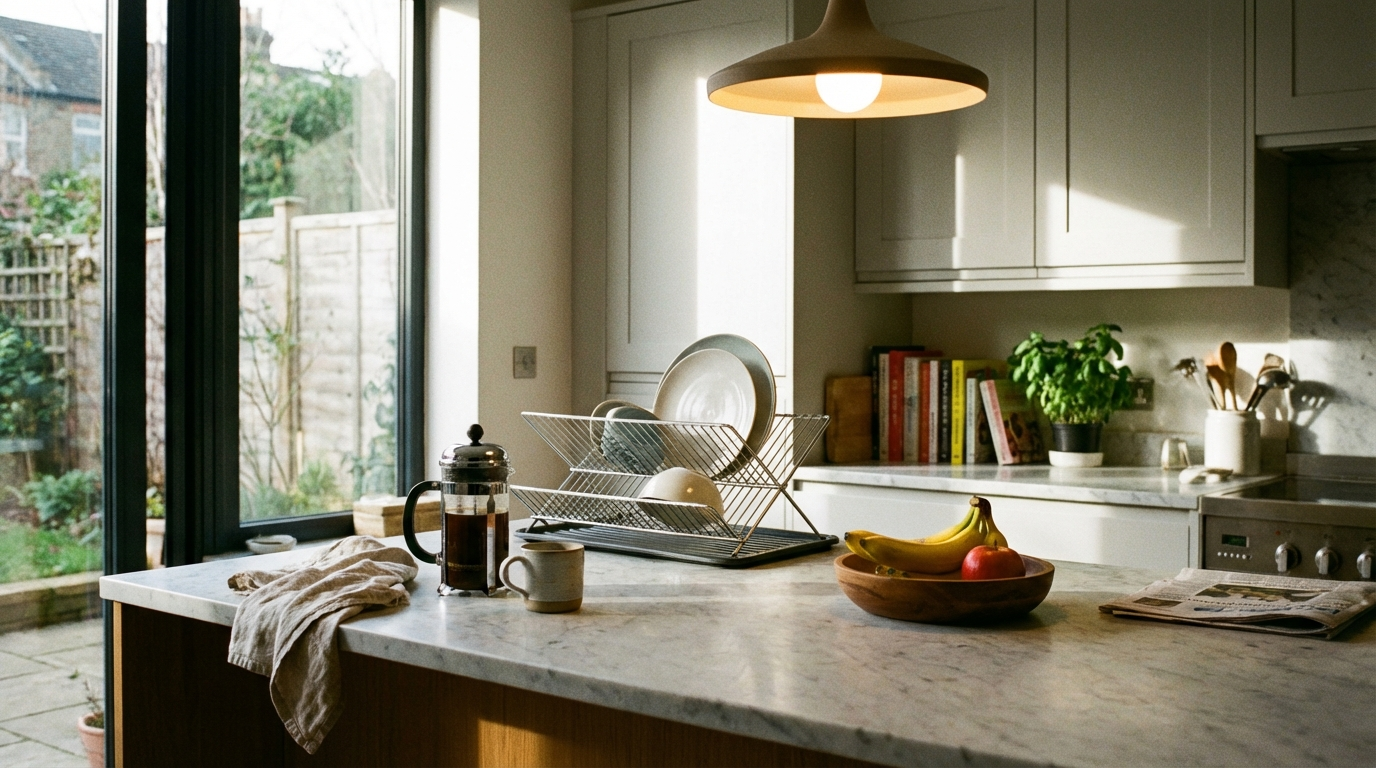 Marble kitchen counter with a French press, used mug, dish rack and fruit bowl under a warm pendant light